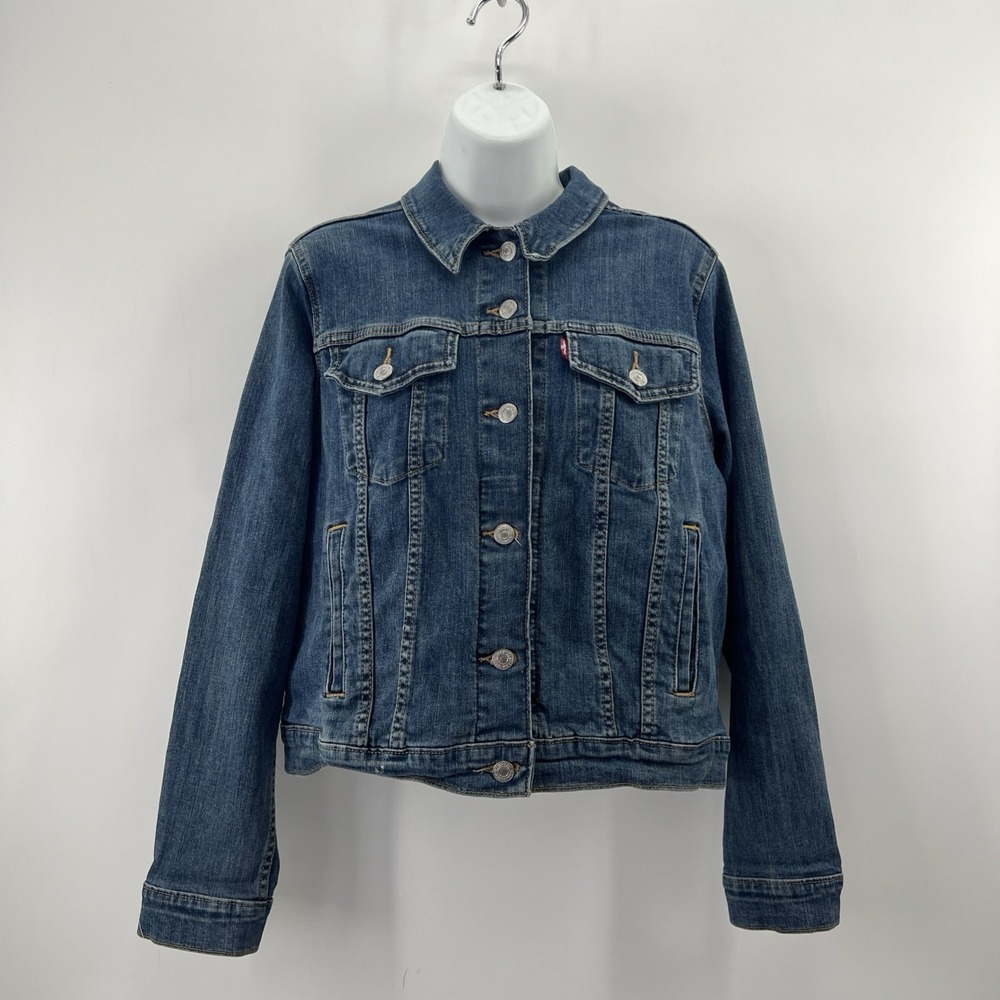 Levi's Trucker Jean Jacket Women L Blue Hand Painted Boho Graphic Celtic Cross - Picture 5 of 15